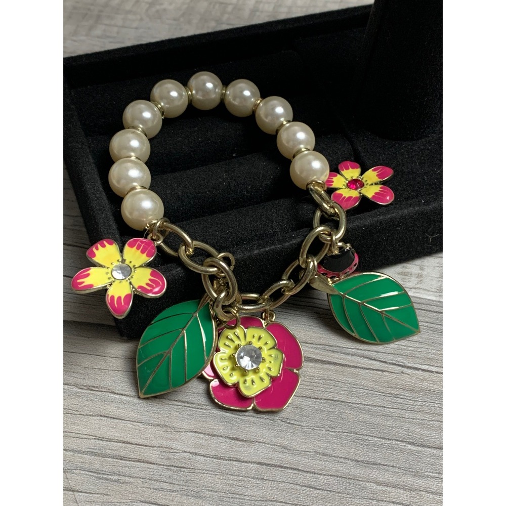 Gold Tone Faux Pearl Enamel Flower Ladybug Leaf Stretch Charm Bracelet 6in
